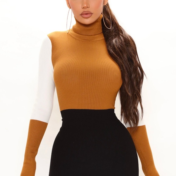 Stylish Brown black cream midi turtleneck White Women's dresss - Picture 4 of 4